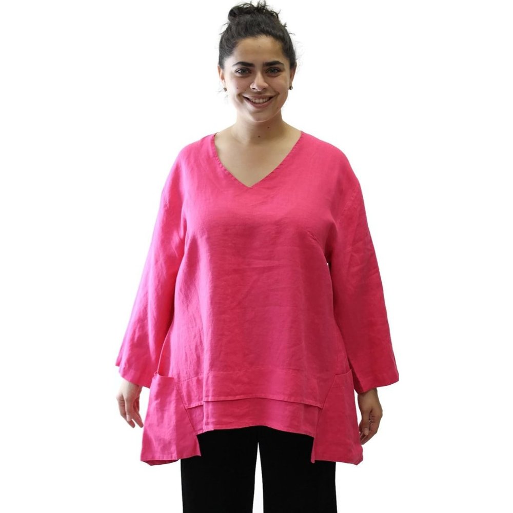 Mosaic USA Women's V-Neck Pocket Linen Tunic  Large Pink